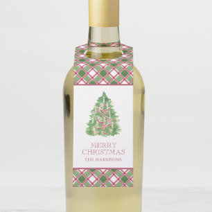 Watercolor Burgundy & Green Plaid Christmas Tree Bottle Tag