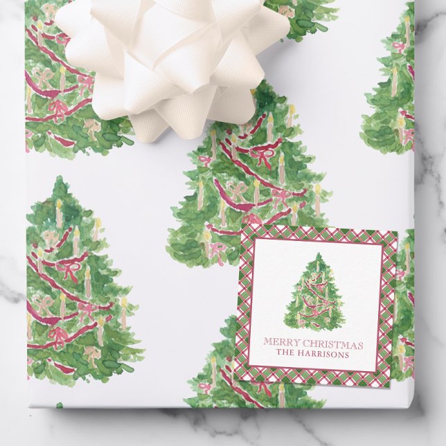 Watercolor Burgundy & Green Plaid Christmas Tree Card (Creator Uploaded)