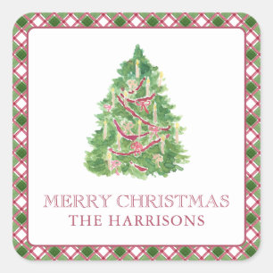 Watercolor Burgundy & Green Plaid Christmas Tree Square Sticker
