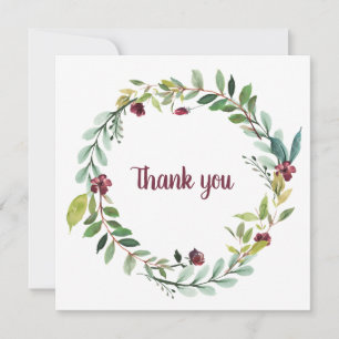 Watercolor Burgundy Green Wreath "Thank you" Holiday Card
