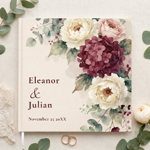 Watercolor Burgundy Hydrangea Cream Peony Wedding Guest Book