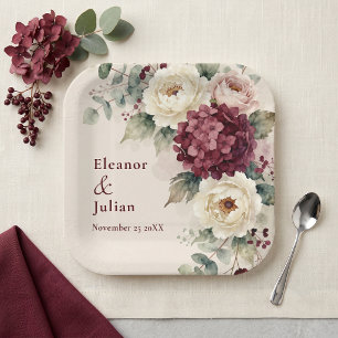 Watercolor Burgundy Hydrangea Cream Peony Wedding Paper Plate