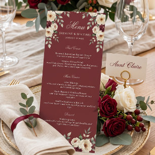 Watercolor Burgundy Ivory Floral Winter Wedding Menu