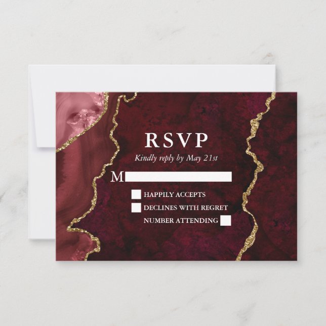Watercolor Burgundy Marble Agate Geode Wedding RSVP Card (Front)