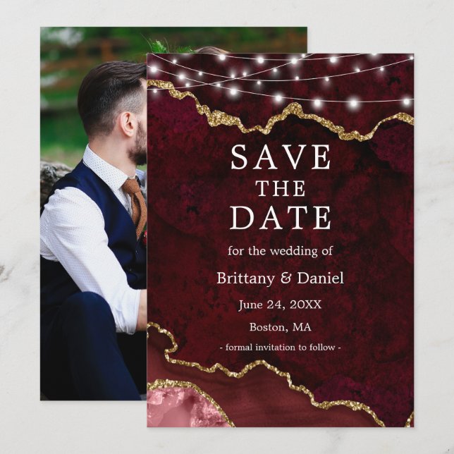 Watercolor Burgundy Marble Geode Lights Photo Save The Date (Front/Back)