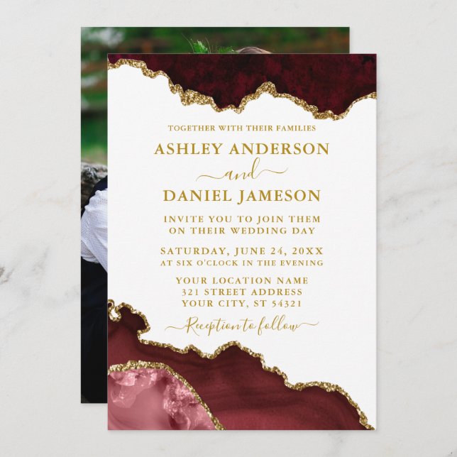 Watercolor Burgundy Marble Geode Photo Invitation (Front/Back)