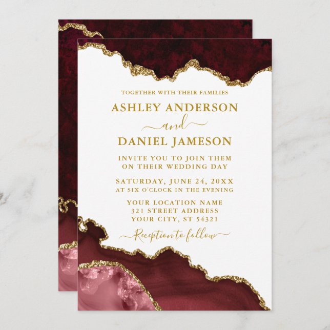 Watercolor Burgundy Marble Geode Wedding Invitation (Front/Back)