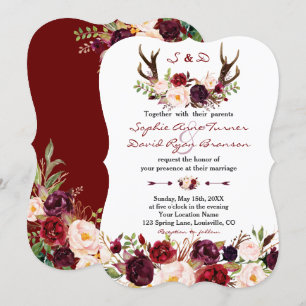 Watercolor Burgundy Marsala Floral Antlers Wedding Invitation