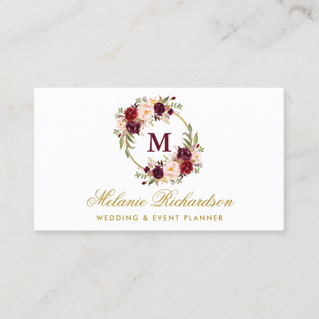 Watercolor Burgundy Marsala Floral Monogram Gold Business Card (Front)