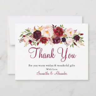 Watercolor Burgundy Marsala flower Thank You Card