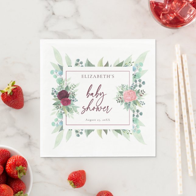  Watercolor Burgundy Marsala Flowers Baby Shower Napkin (Insitu)