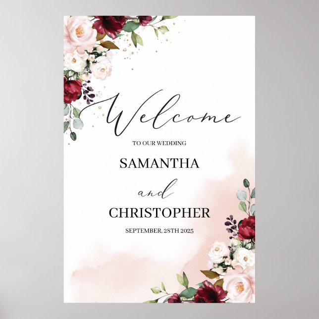 Watercolor burgundy merlot floral gold wedding poster (Front)