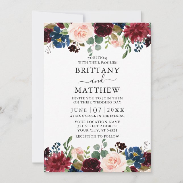Watercolor Burgundy Mixed Floral Elegant Wedding Invitation (Front)