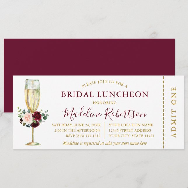 Watercolor Burgundy Mixed Floral Luncheon Ticket Invitation (Front/Back)