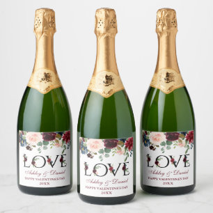 Watercolor Burgundy Mixed Floral Valentine's Love Sparkling Wine Label