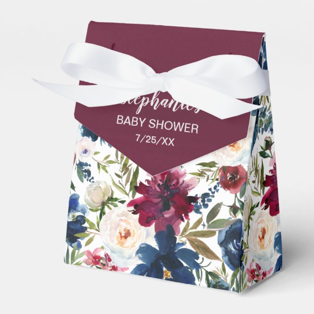 Watercolor Burgundy Navy Flowers Baby Shower Favour Box (Front Side)