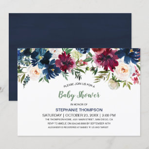 Watercolor Burgundy Navy Flowers Baby Shower Invitation