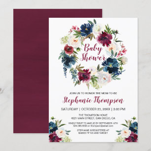 Watercolor Burgundy Navy Flowers Baby Shower Invitation