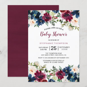 Watercolor Burgundy Navy Flowers Baby Shower Invitation