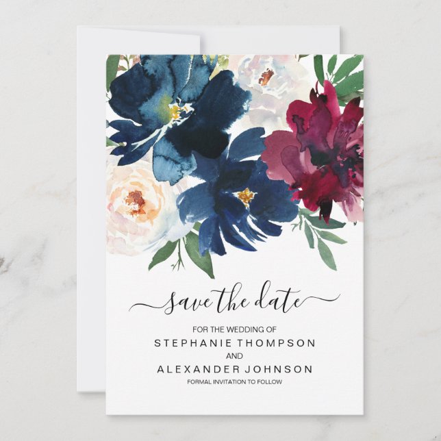 Watercolor Burgundy Navy Flowers Save the Date (Front)