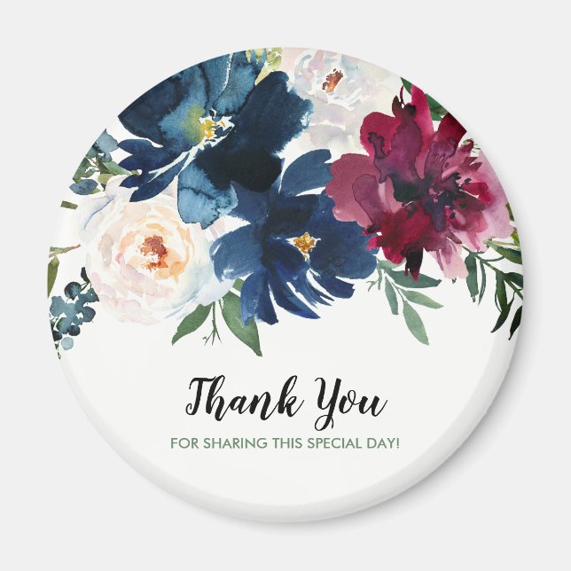 Watercolor Burgundy Navy Flowers Thank You Magnet (Front)