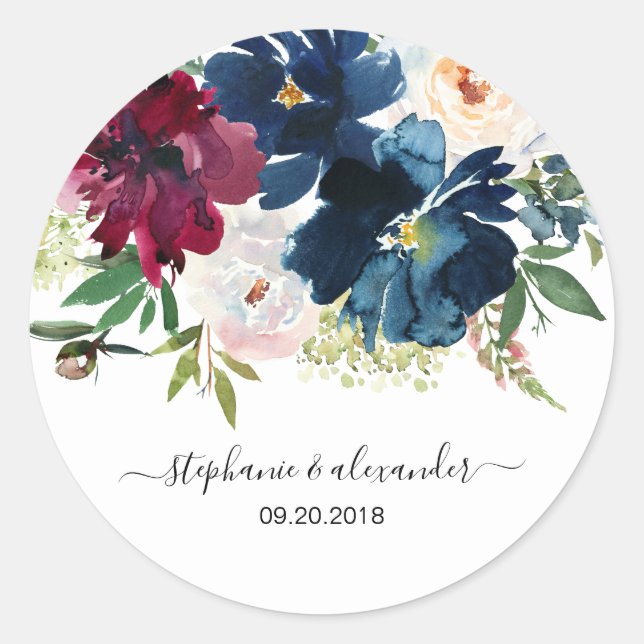 Watercolor Burgundy Navy Flowers Wedding Classic Round Sticker (Front)