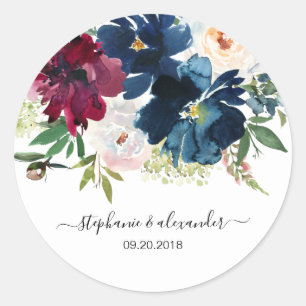 Watercolor Burgundy Navy Flowers Wedding Classic Round Sticker