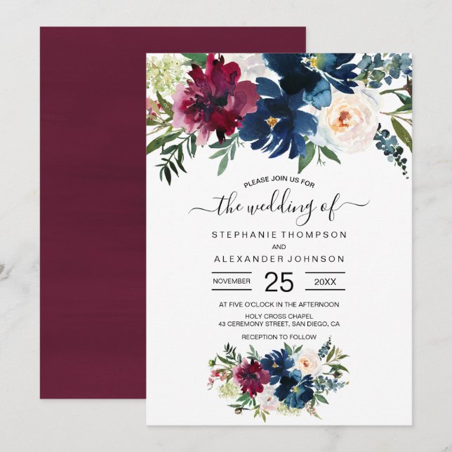 Watercolor Burgundy Navy Flowers Wedding Invitation (Front/Back)