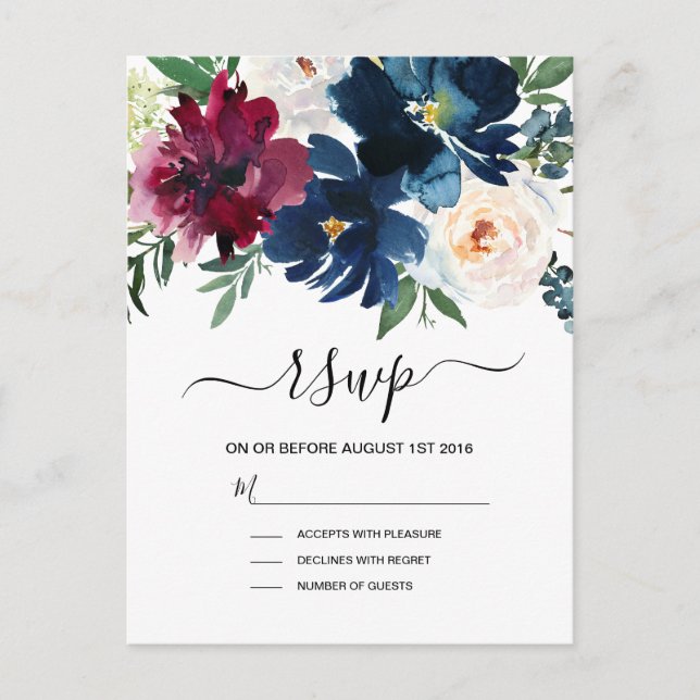 Watercolor Burgundy Navy Flowers Wedding Invitation Postcard (Front)
