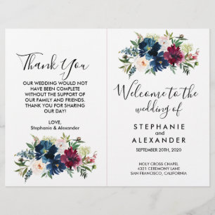 Watercolor Burgundy Navy Flowers Wedding Program