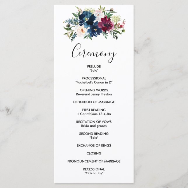 Watercolor Burgundy Navy Flowers Wedding Program Programme (Front)