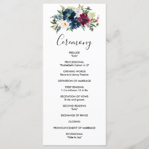 Watercolor Burgundy Navy Flowers Wedding Program Programme