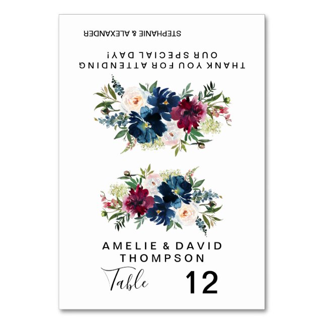Watercolor Burgundy Navy Flowers Wedding Table Number (Front)