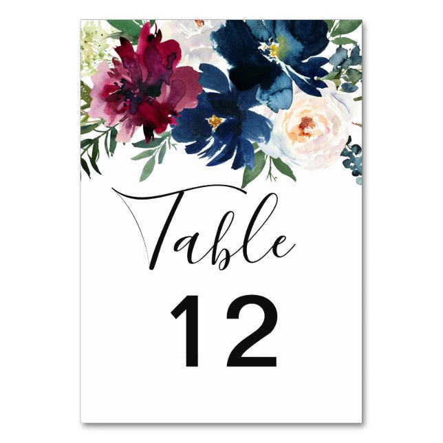 Watercolor Burgundy Navy Flowers Wedding Table Number (Front)