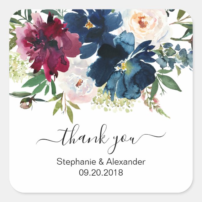 Watercolor Burgundy Navy Flowers Wedding Thank You Square Sticker (Front)