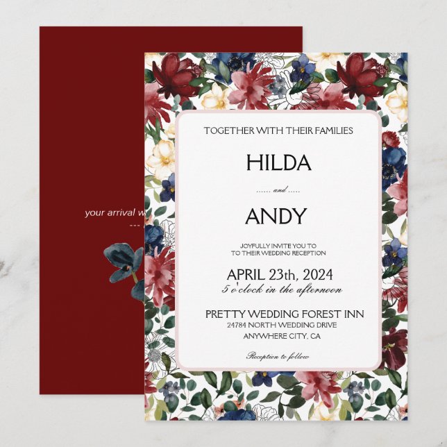 Watercolor  Burgundy Navy Roses Invitation (Front/Back)