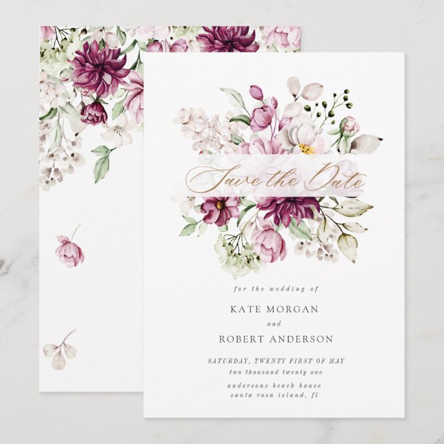 watercolor burgundy peonies floral save the date (Front/Back)