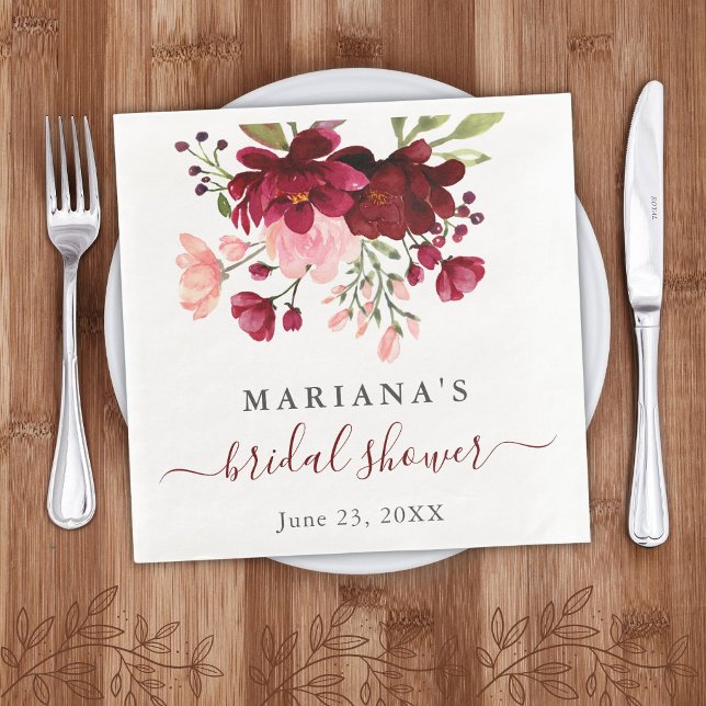 Watercolor Burgundy Pink Floral Bridal Shower Napkin (Creator Uploaded)