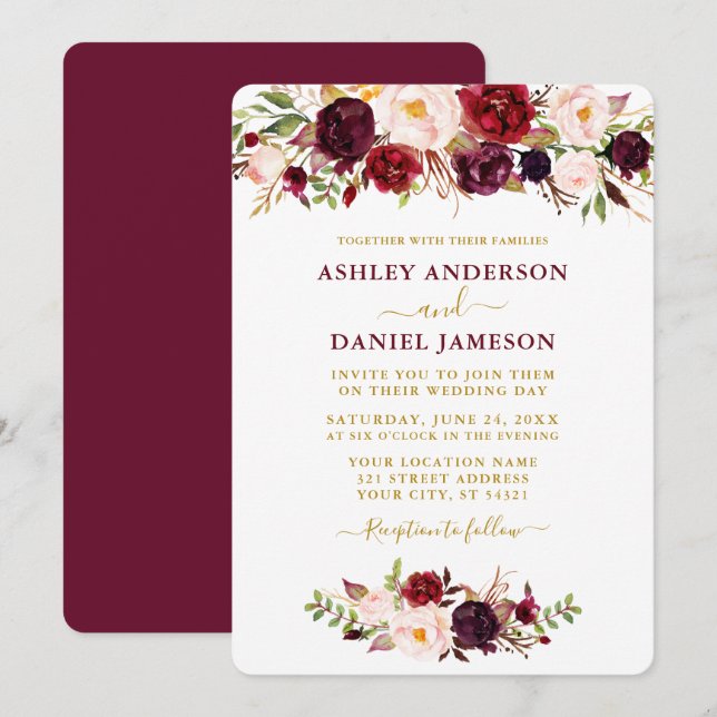 Watercolor Burgundy Pink Floral Gold Wedding Invitation (Front/Back)
