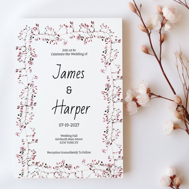 Watercolor burgundy pink floral leaf Wedding Invitation (Watercolor burgundy pink floral leaf Wedding)