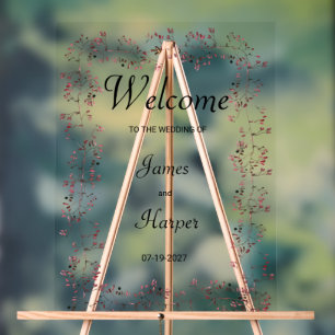 Watercolor burgundy pink floral leaf Welcome Acrylic Sign