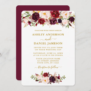 Watercolor Burgundy Pink Floral Wedding Gold Invitation
