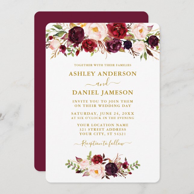Watercolor Burgundy Pink Floral Wedding Gold Invitation (Front/Back)
