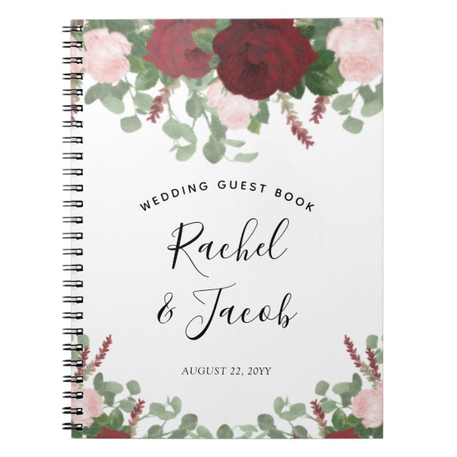 Watercolor Burgundy Pink Floral Wedding Guest Book (Front)
