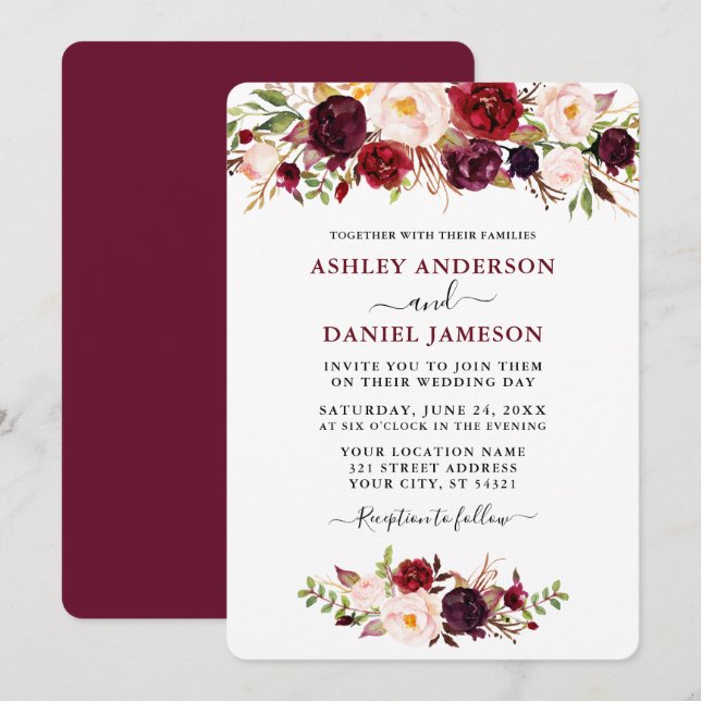 Watercolor Burgundy Pink Floral Wedding Invitation (Front/Back)