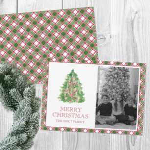 Watercolor Burgundy Plaid Christmas Tree Photo Holiday Card