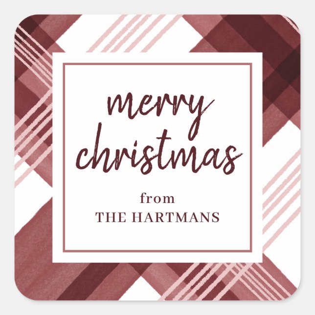 Watercolor Burgundy Plaid Merry Christmas Name   Square Sticker (Front)
