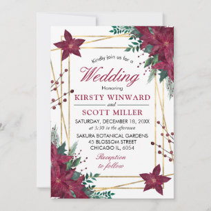 Watercolor Burgundy Poinsettia Winter Wedding Invitation