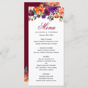 Watercolor Burgundy Purple Floral Wedding Menu