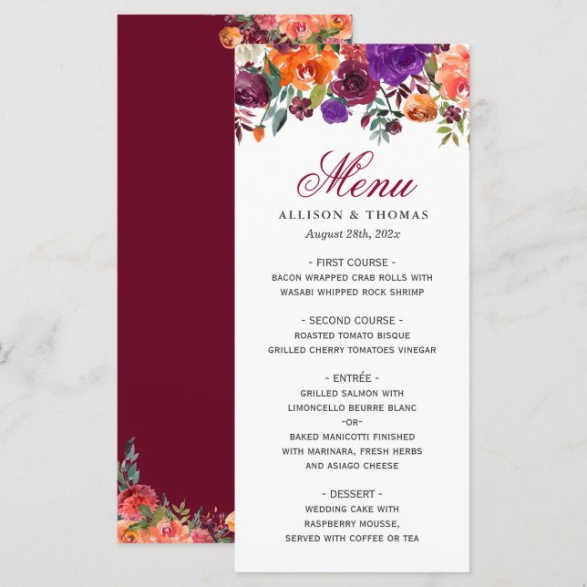 Watercolor Burgundy Purple Floral Wedding Menu (Front/Back)